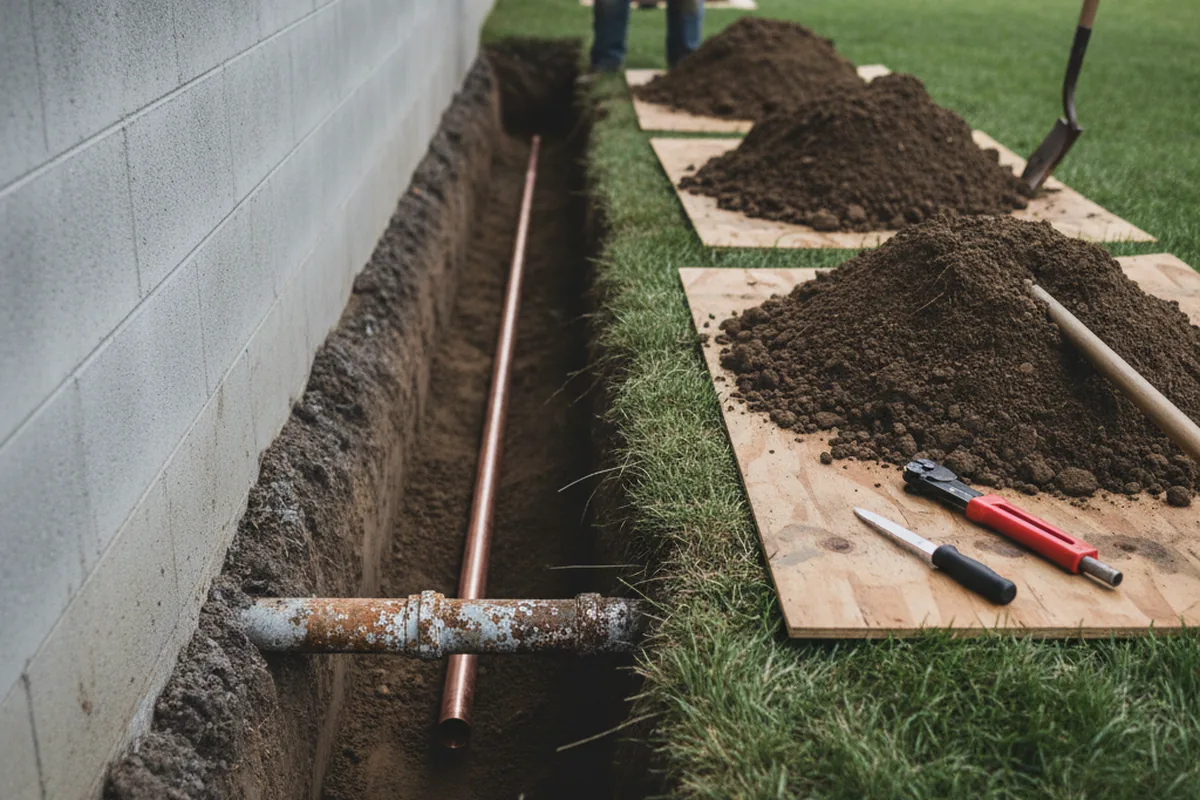 Excavated water line trench during Sewer Line Repair in Chalfont